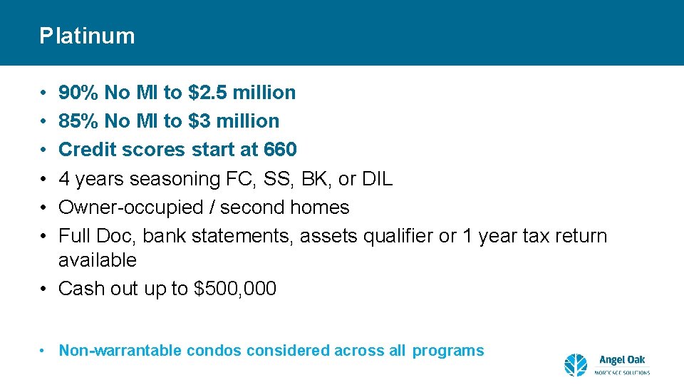 Platinum • • • 90% No MI to $2. 5 million 85% No MI