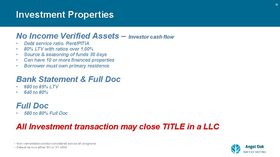 18 Investment Properties No Income Verified Assets – Investor cash flow • • •