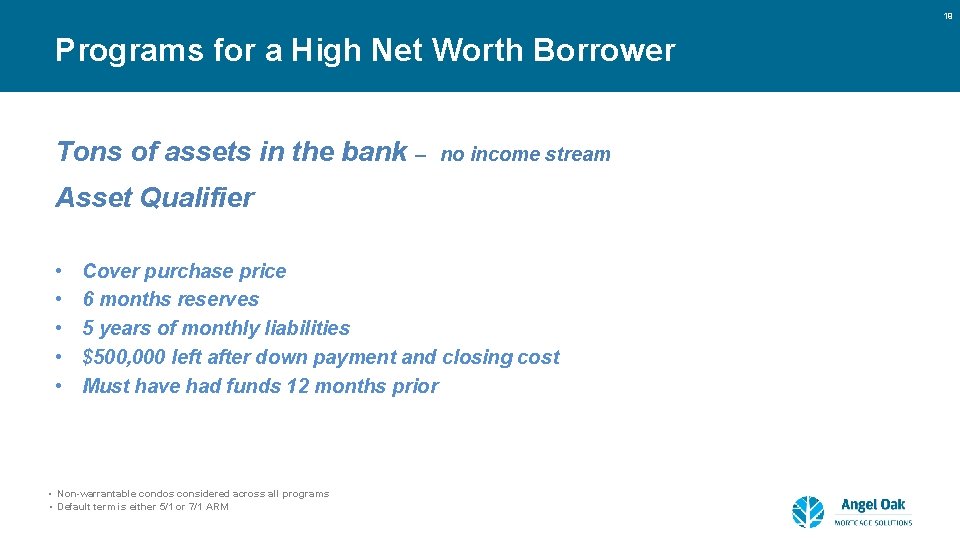 19 Programs for a High Net Worth Borrower Tons of assets in the bank