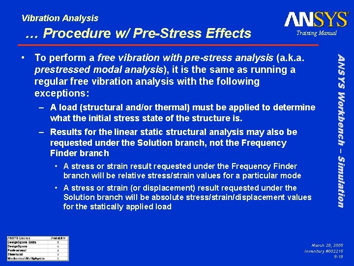 Vibration Analysis … Procedure w/ Pre-Stress Effects Training Manual – A load (structural and/or