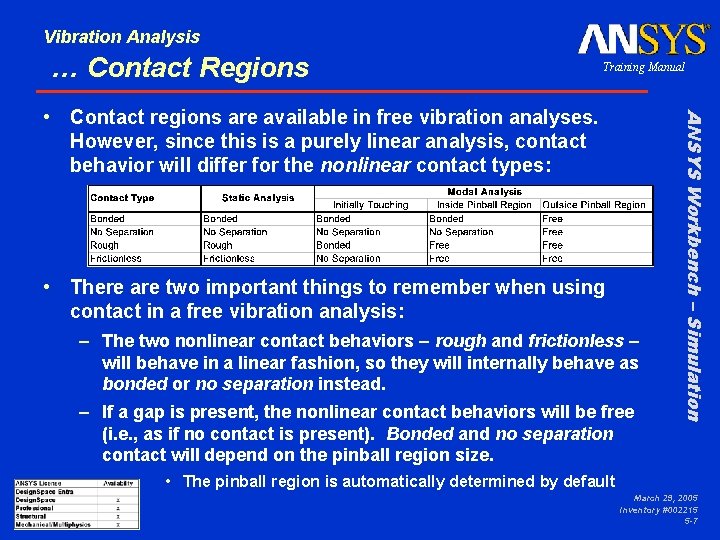 Vibration Analysis … Contact Regions Training Manual • There are two important things to