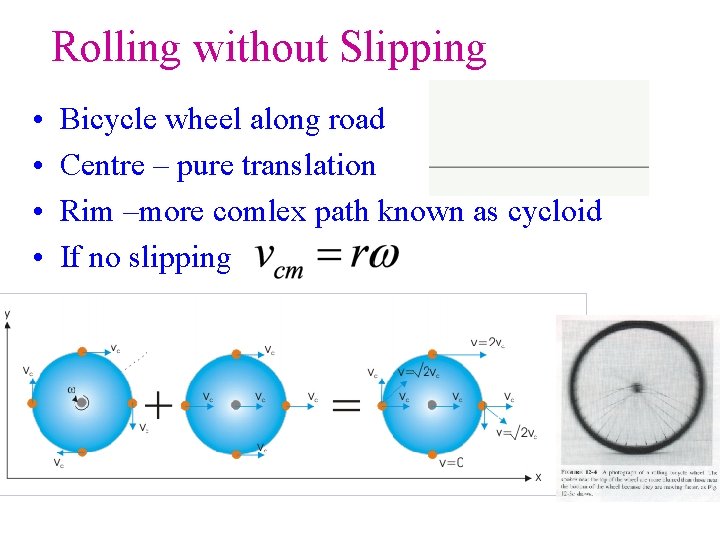 Rolling without Slipping • • Bicycle wheel along road Centre – pure translation Rim