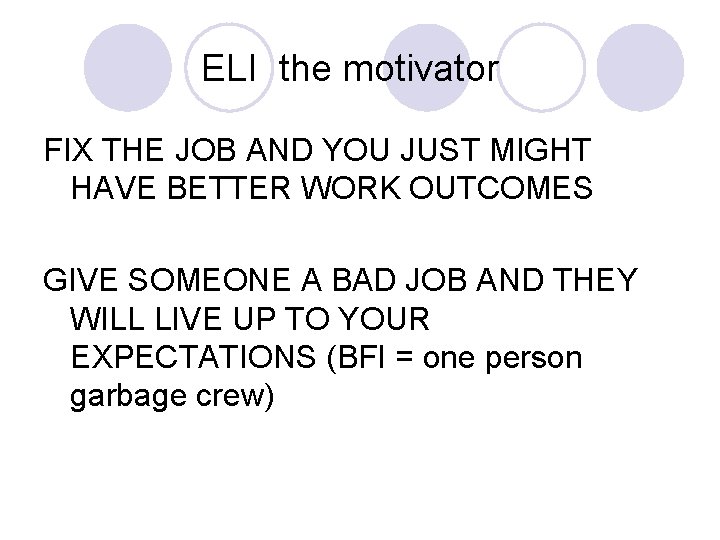 ELI the motivator FIX THE JOB AND YOU JUST MIGHT HAVE BETTER WORK OUTCOMES