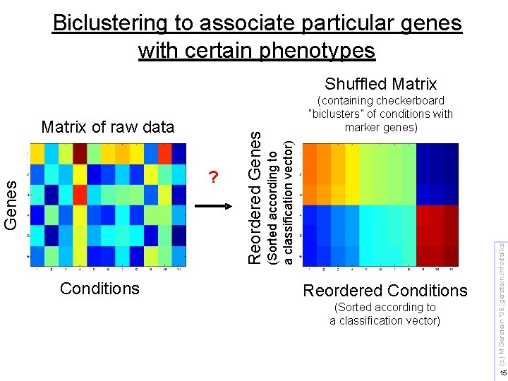 Biclustering to associate particular genes with certain phenotypes Conditions Reordered Conditions (Sorted according to