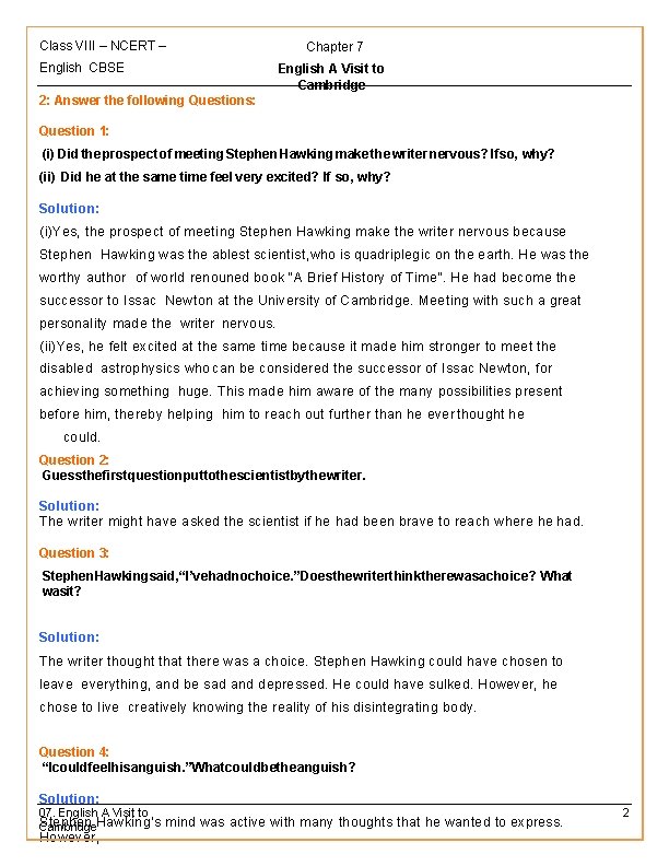 Class VIII – NCERT – English CBSE Chapter 7 English A Visit to Cambridge