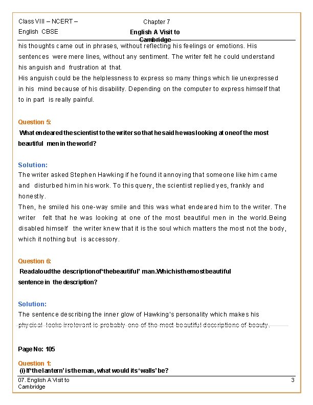 Class VIII – NCERT – Chapter 7 English CBSE English A Visit to Cambridge