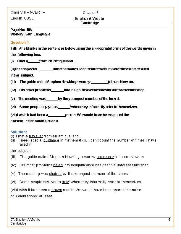 Class VIII – NCERT – Chapter 7 English CBSE English A Visit to Cambridge