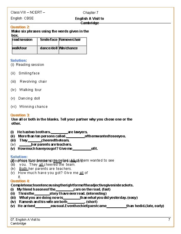 Class VIII – NCERT – English CBSE Chapter 7 English A Visit to Cambridge