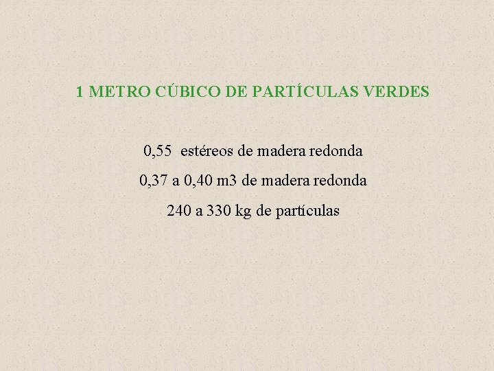 1 METRO CÚBICO DE PARTÍCULAS VERDES 0, 55 estéreos de madera redonda 0, 37