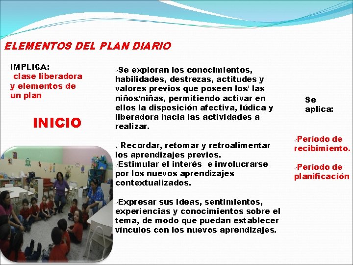 ELEMENTOS DEL PLAN DIARIO IMPLICA: clase liberadora y elementos de un plan INICIO Se