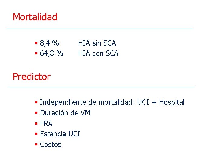 Mortalidad § 8, 4 % § 64, 8 % HIA sin SCA HIA con