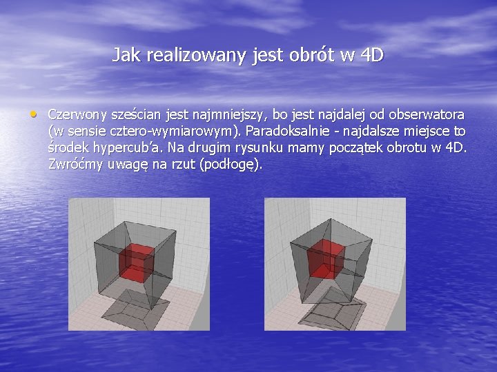 Jak realizowany jest obrót w 4 D • Czerwony sześcian jest najmniejszy, bo jest