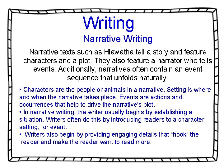 Writing Narrative texts such as Hiawatha tell a story and feature characters and a Writing Narrative texts such as Hiawatha tell a story and feature characters and a