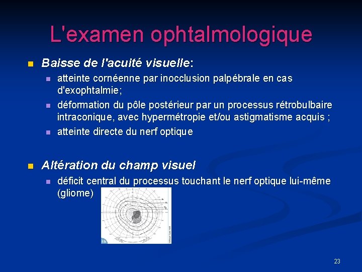 L'examen ophtalmologique n Baisse de l'acuité visuelle: n n atteinte cornéenne par inocclusion palpébrale