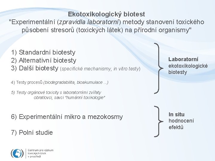 Ekotoxikologický biotest "Experimentální (zpravidla laboratorní) metody stanovení toxického působení stresorů (toxických látek) na přírodní