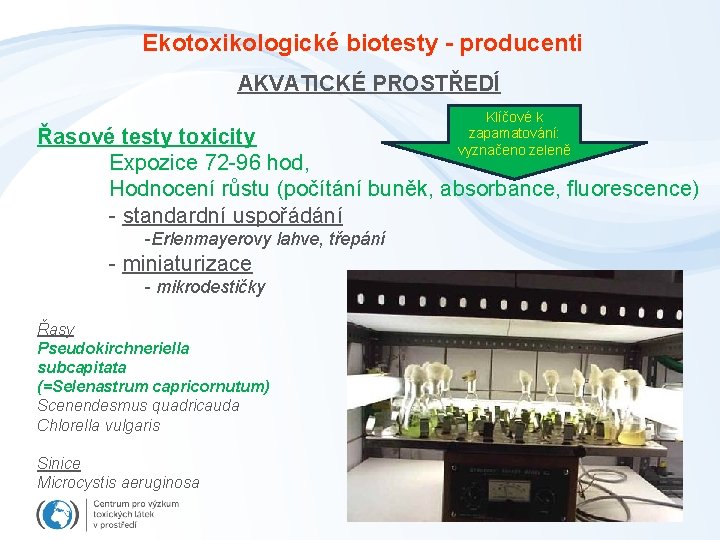 Ekotoxikologické biotesty - producenti AKVATICKÉ PROSTŘEDÍ Klíčové k zapamatování: vyznačeno zeleně Řasové testy toxicity