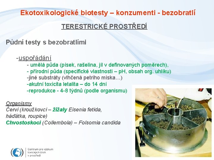 Ekotoxikologické biotesty – konzumenti - bezobratlí TERESTRICKÉ PROSTŘEDÍ Půdní testy s bezobratlími -uspořádání -