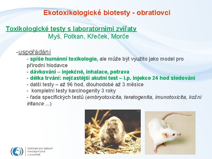 Ekotoxikologické biotesty - obratlovci Toxikologické testy s laboratorními zvířaty Myš, Potkan, Křeček, Morče -uspořádání