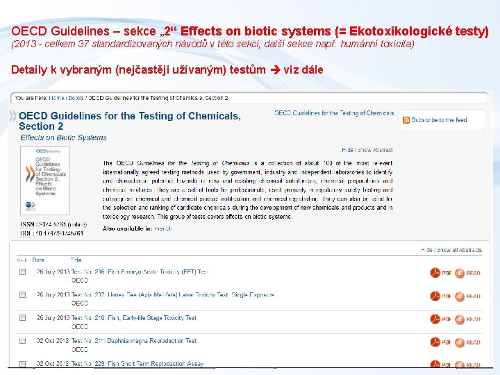 OECD Guidelines – sekce „ 2“ Effects on biotic systems (= Ekotoxikologické testy) (2013