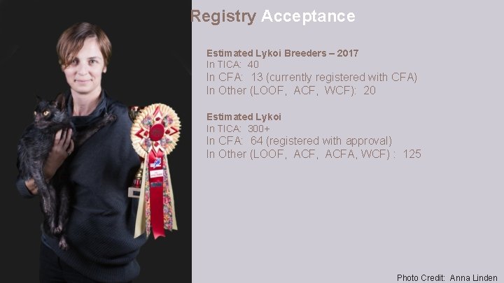 Registry Acceptance Estimated Lykoi Breeders – 2017 In TICA: 40 In CFA: 13 (currently