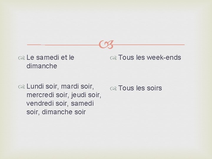  Le samedi et le dimanche Tous les week-ends Lundi soir, mardi soir, mercredi