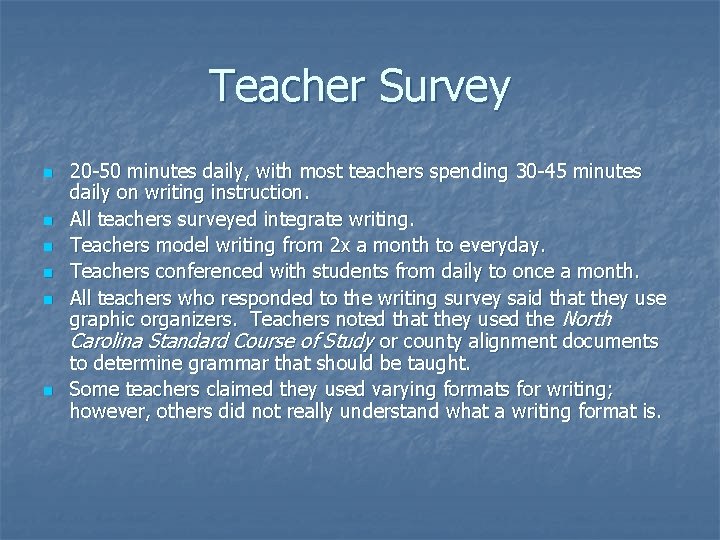 Teacher Survey n n n 20 -50 minutes daily, with most teachers spending 30