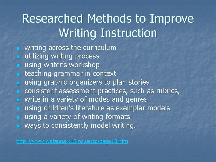 Researched Methods to Improve Writing Instruction n n writing across the curriculum utilizing writing