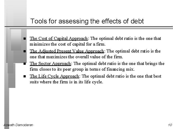 Tools for assessing the effects of debt The Cost of Capital Approach: The optimal