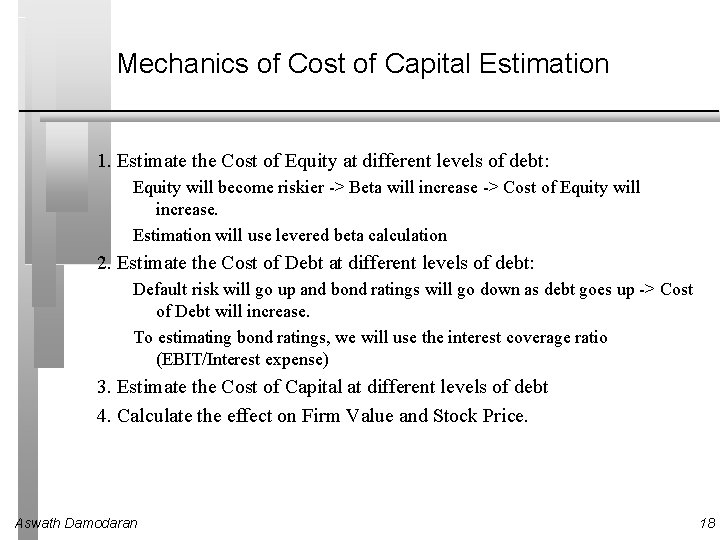 Mechanics of Cost of Capital Estimation 1. Estimate the Cost of Equity at different
