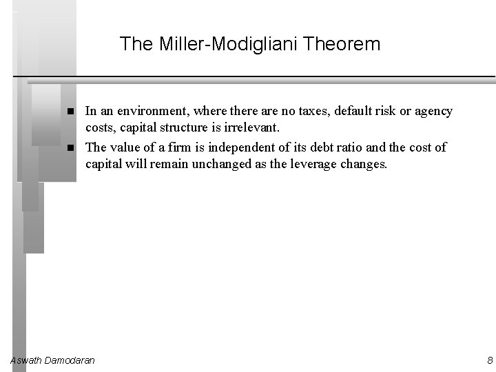The Miller-Modigliani Theorem In an environment, where there are no taxes, default risk or
