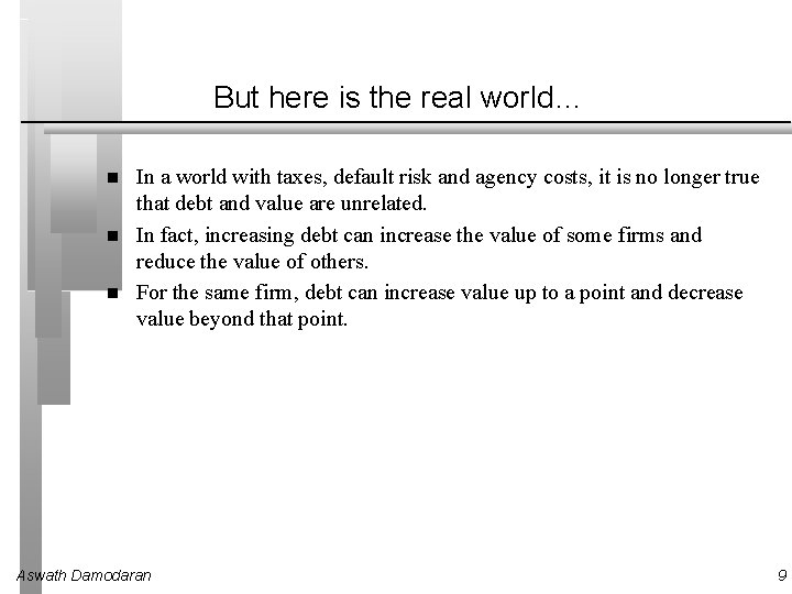 But here is the real world… In a world with taxes, default risk and