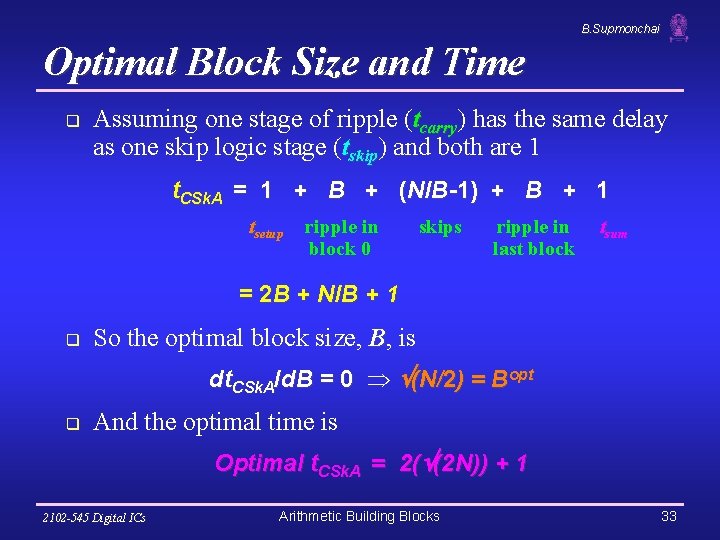 B. Supmonchai Optimal Block Size and Time q Assuming one stage of ripple (tcarry)