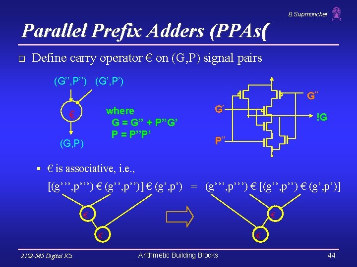 B. Supmonchai Parallel Prefix Adders (PPAs( q Define carry operator € on (G, P)
