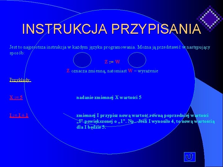 INSTRUKCJA PRZYPISANIA Jest to najprostsza instrukcja w każdym języku programowania. Można ją przedstawić w