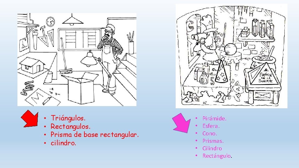  • • Triángulos. Rectangulos. Prisma de base rectangular. cilindro. • • • Pirámide.