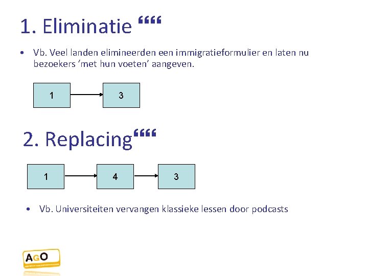 1. Eliminatie • Vb. Veel landen elimineerden een immigratieformulier en laten nu bezoekers ‘met