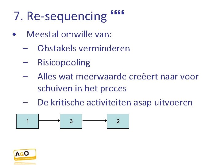 7. Re-sequencing • Meestal omwille van: – Obstakels verminderen – Risicopooling – Alles wat