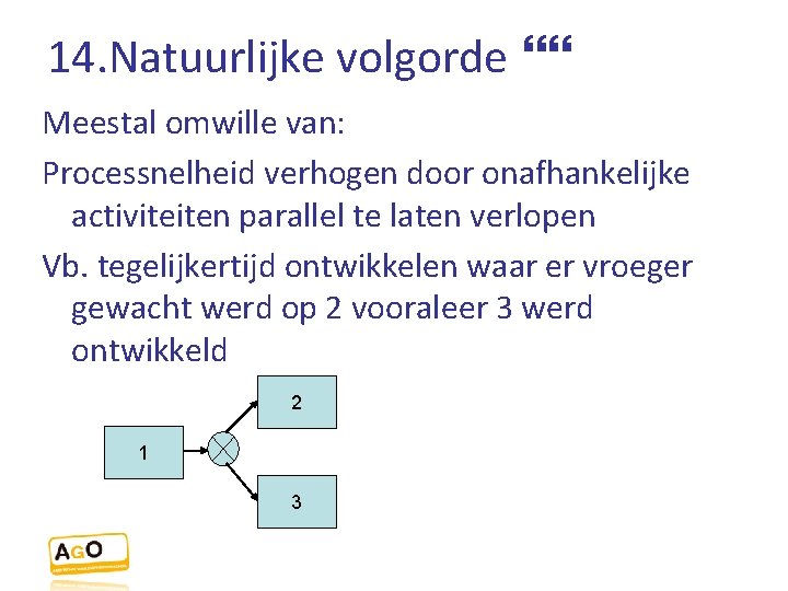 14. Natuurlijke volgorde Meestal omwille van: Processnelheid verhogen door onafhankelijke activiteiten parallel te laten