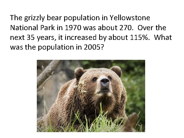 The grizzly bear population in Yellowstone National Park in 1970 was about 270. Over