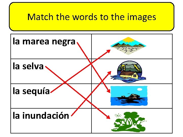 Match the words to the images la marea negra la selva la sequía la