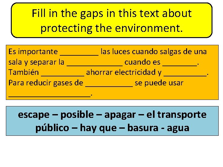 Fill in the gaps in this text about protecting the environment. Es importante _____