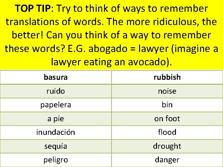 TOP TIP: Try to think of ways to remember translations of words. The more