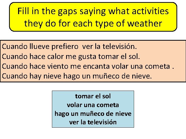 Fill in the gaps saying what activities they do for each type of weather