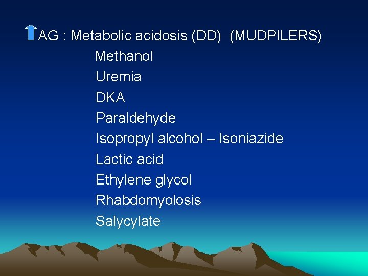 AG : Metabolic acidosis (DD) (MUDPILERS) Methanol Uremia DKA Paraldehyde Isopropyl alcohol – Isoniazide