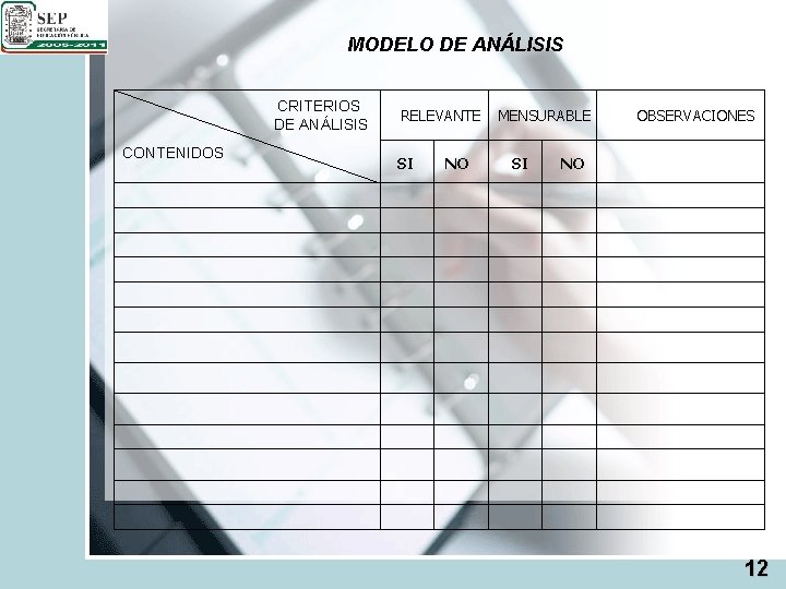 MODELO DE ANÁLISIS CRITERIOS DE ANÁLISIS CONTENIDOS RELEVANTE SI NO MENSURABLE SI OBSERVACIONES NO