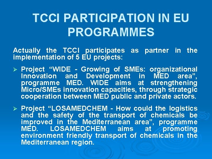 TCCI PARTICIPATION IN EU PROGRAMMES Actually the TCCI participates as partner in the implementation
