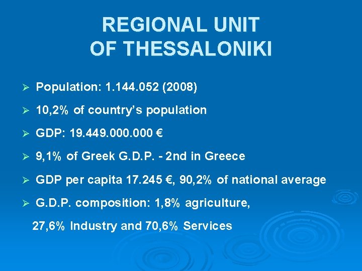 REGIONAL UNIT OF THESSALONIKI Ø Population: 1. 144. 052 (2008) Ø 10, 2% of