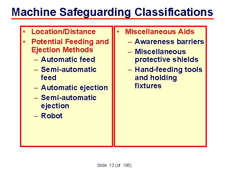Machine Safeguarding Classifications • Location/Distance • Miscellaneous Aids • Potential Feeding and – Awareness