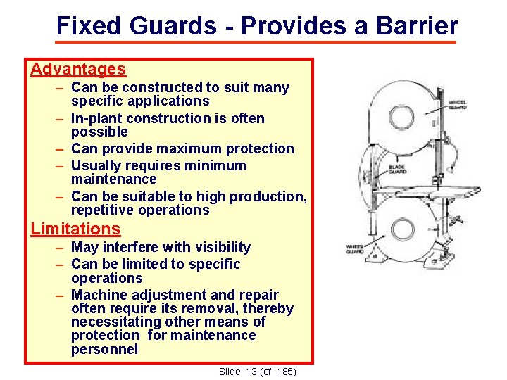 Fixed Guards - Provides a Barrier Advantages – Can be constructed to suit many