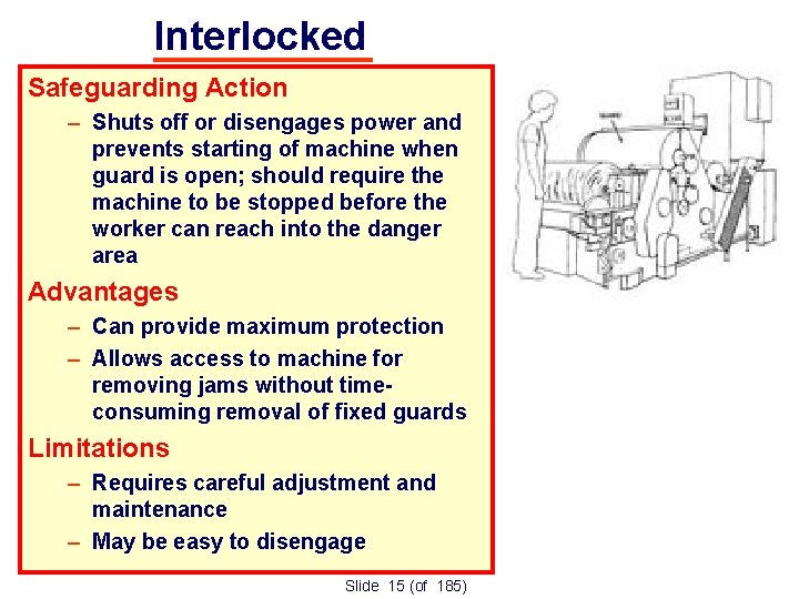 Interlocked Safeguarding Action – Shuts off or disengages power and prevents starting of machine